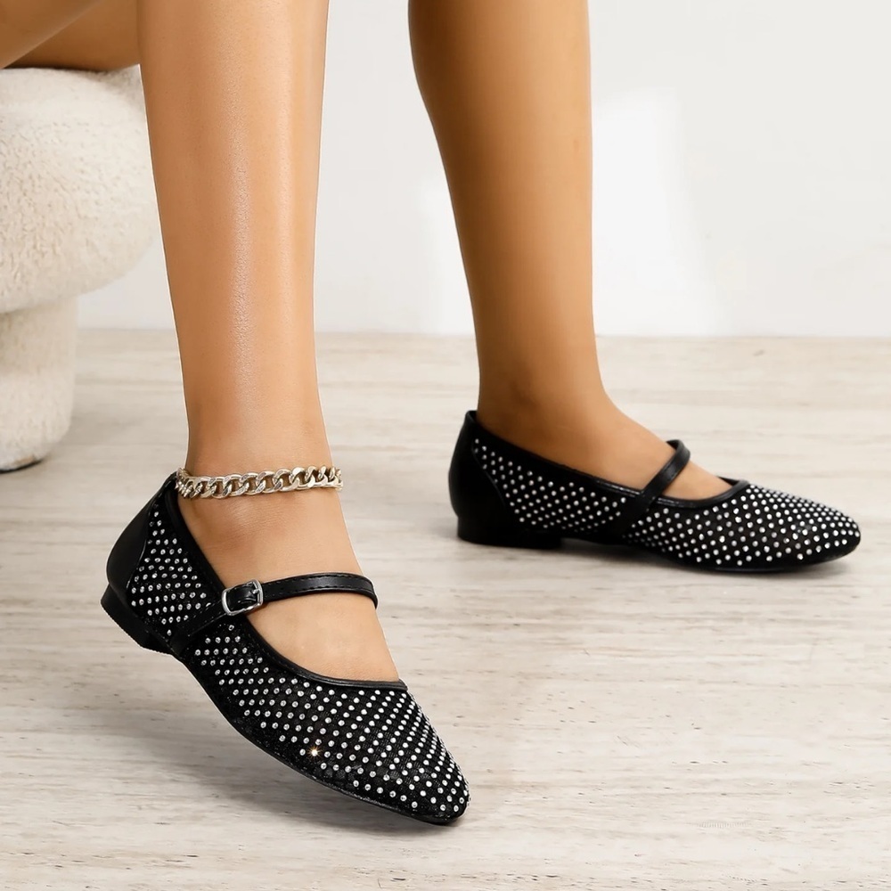 NWOT BERNESS FRIDA BLACK & Rhinestones Mesh Mary Jane Flats Sz. 8
